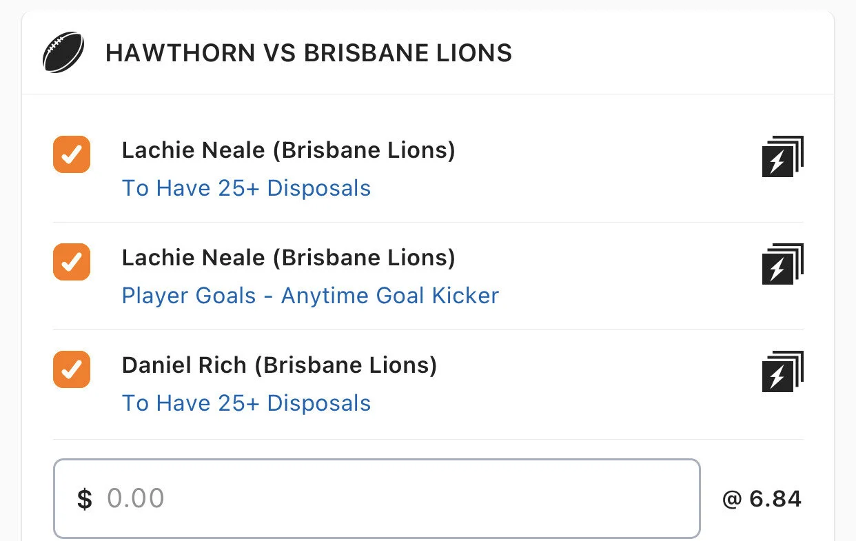 Lions SGM - Stake 1 Unit, minimum Odds 5.6, Best Book Lads/Neds