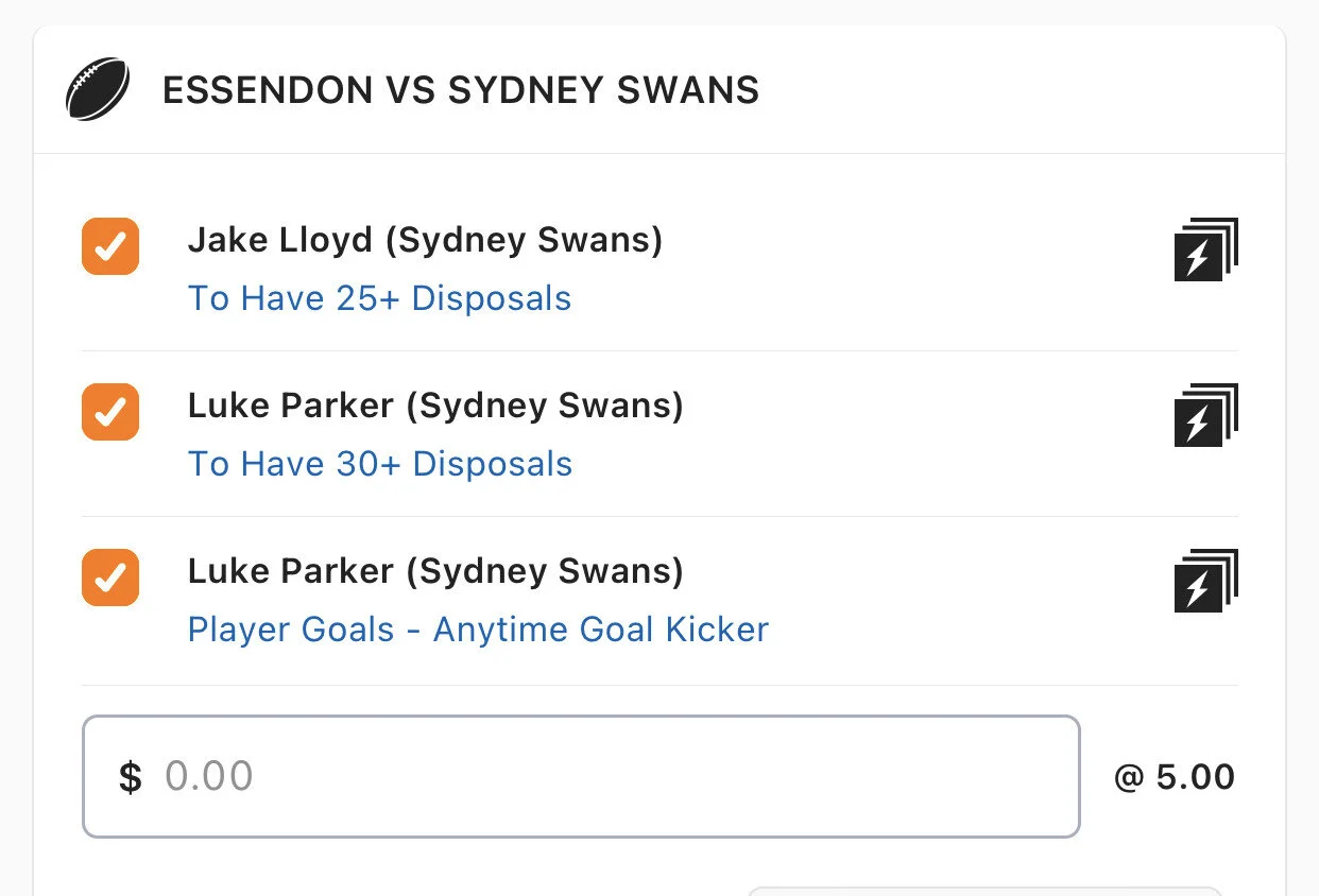 Swans SGM - Stake 1.5 Units, Minimum odds 4.25, Best Book Lads/Neds