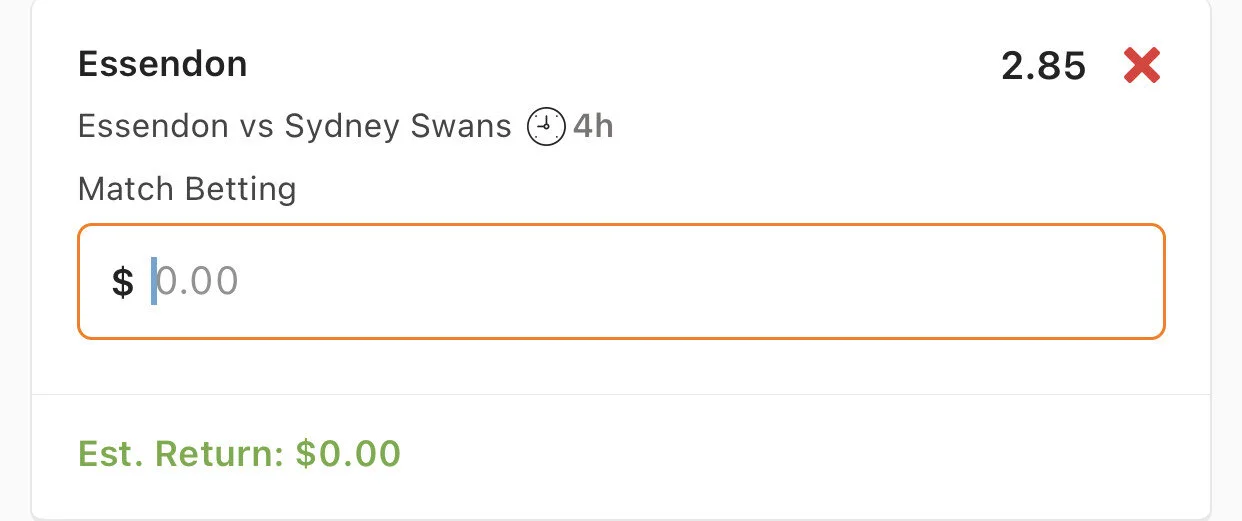 Essendon WIN - Stake 1.5 Units, Minimum Odds 2.5, Best Book Lads/Neds