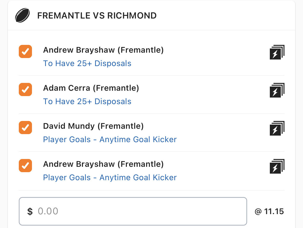 Freo SGM - Stake 0.75 Units, Minimum Odds 9.2, Best Book Lads/Neds