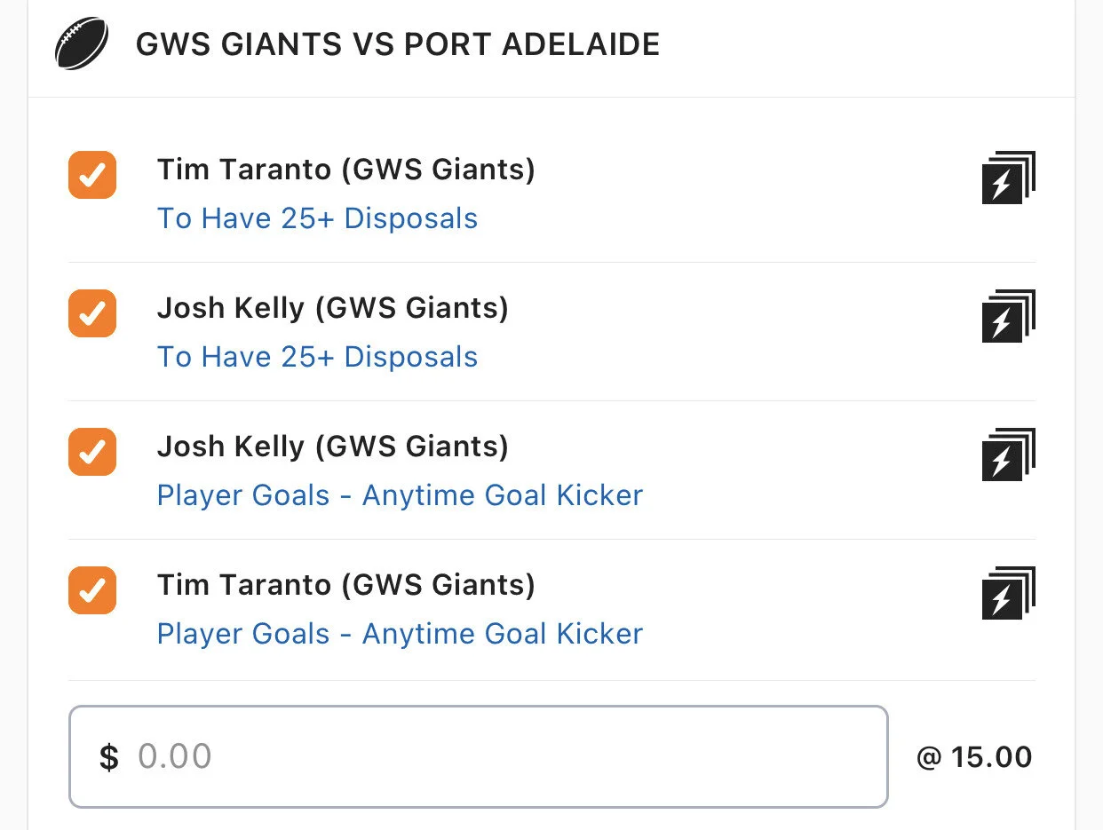 GWS SGM - Stake 0.5 Units, Minimum Odds 11, Best Book Lads/Neds