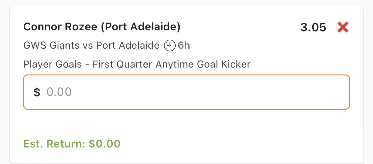 Rozee 1st Qtr Anytime Goal Kicker - Stake 1.5 Units, Minimum Odds 2.95, Best Book Lads/Neds