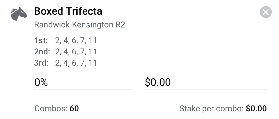 Race 2 - Boxed trifecta - Stake 1.5 Units, Best Book ANY