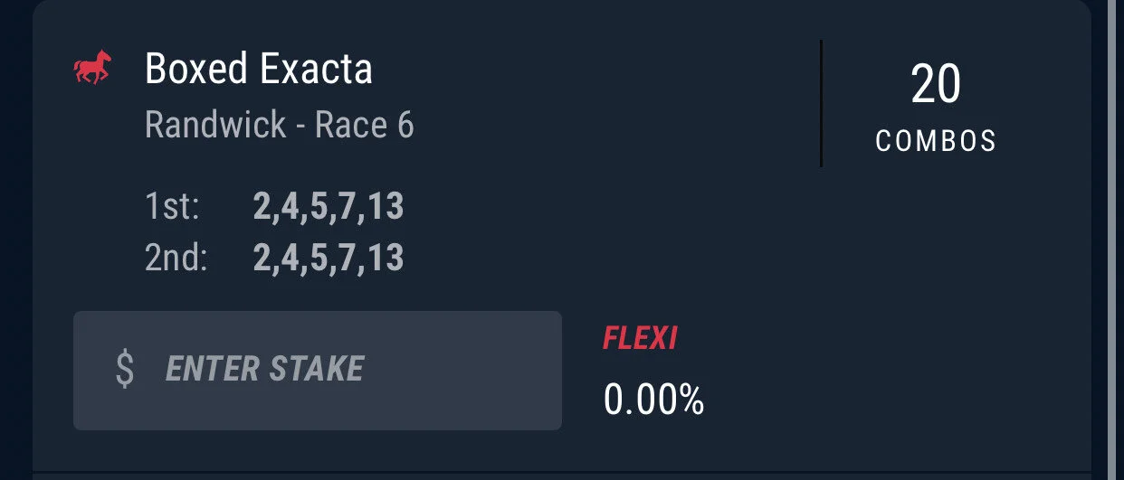 Race 6 - Exacta - Stake 1.5 Units, Best Book Pointsbet (Best Tote)