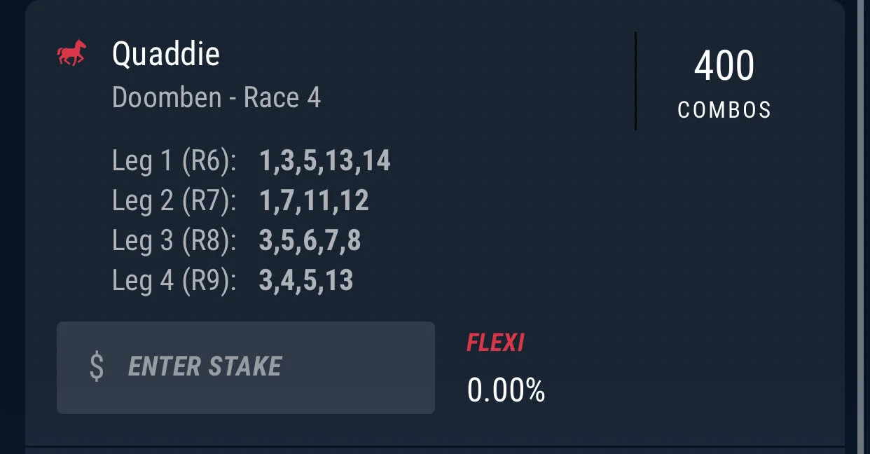 Doomben Quaddie - Stake 2 Units, Best Book Pointsbet (Best Tote)Note - No Idea why this has Doomben Race 4 disregard that.