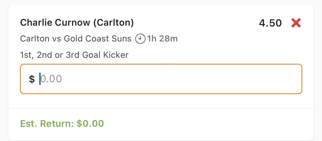 Charlie Curnow 1st 2nd or 3rd Goal Kicker - Stake 1 Unit, Minimum odds 4.3, Best Book Lads/Neds