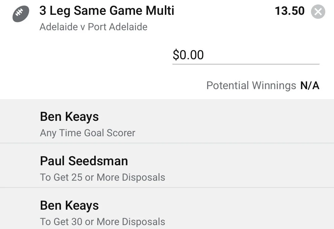 Crows SGM - Stake 0.5 Units - Minimum Odds 10 - Best Book Sportsbet