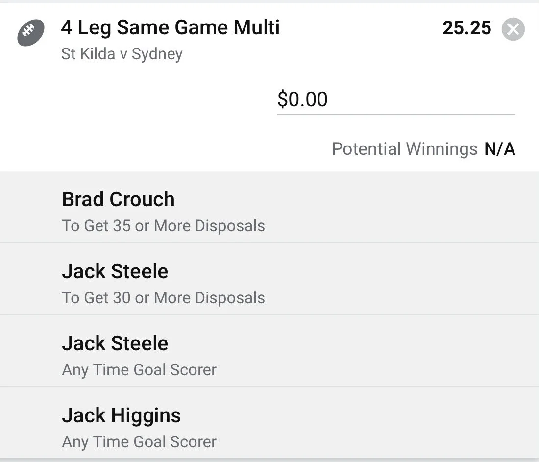 Saints SGM - Stake 0.5 Units - Minimum Odds 18 - Best Book Sportsbet