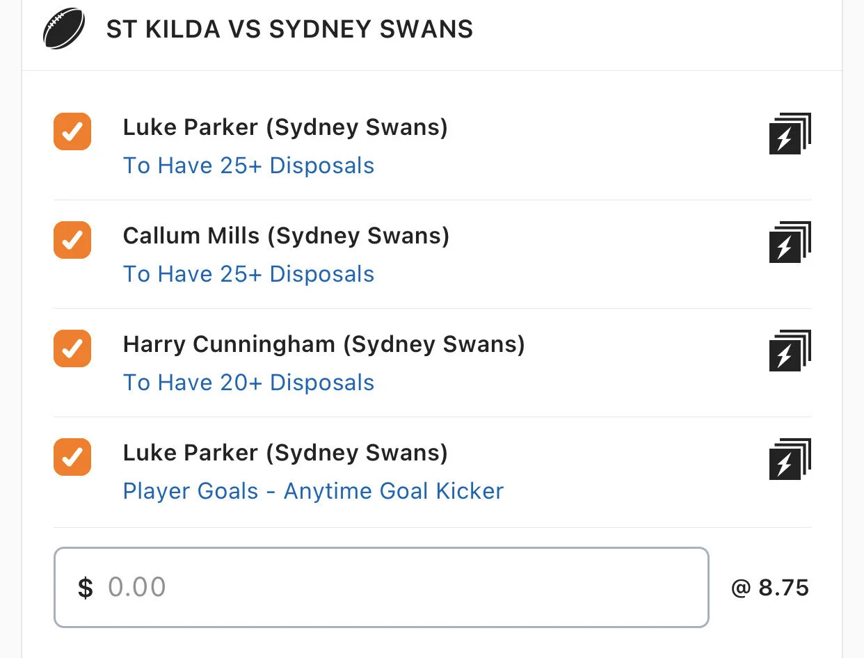 Swans SGM - Stake 1 Unit - Minimum Odds 7.8 - Best Book Lads/Neds