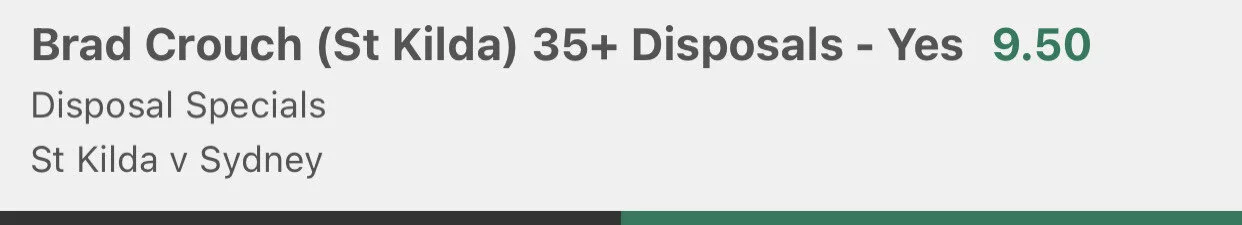 Crouch 35+ Disposals - Stake 1 Unit - Minimum Odds 7.5 - Best Book Bet 365