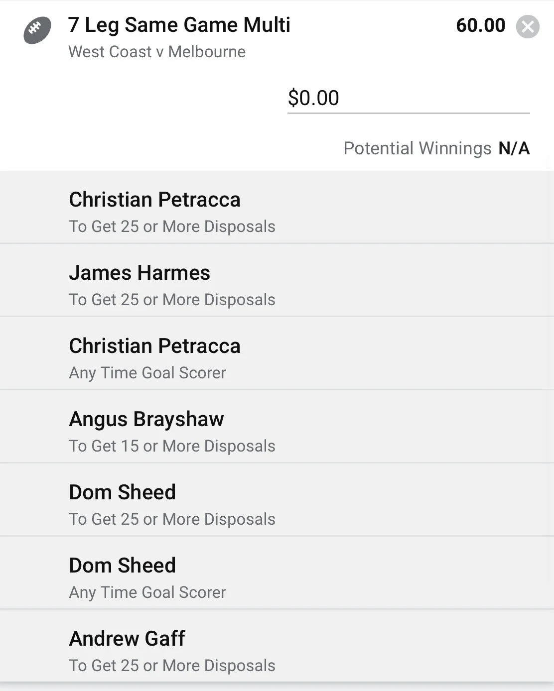 Combo SGM - Stake 0.25 Units - Minimum Odds 45 - Best Book Sportsbet