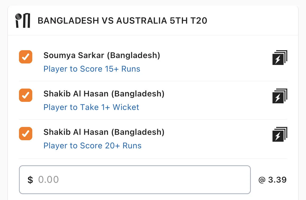 Bangladesh SGM - Stake 1.5 Units, Minimum odds 3, Best Book Lads/Neds