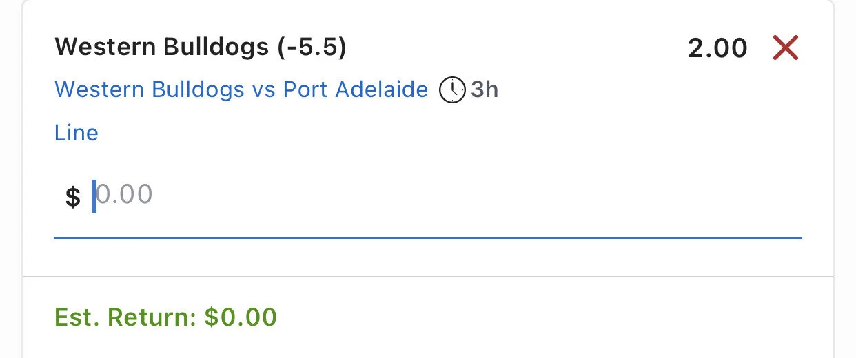 Dogs Line - Stake 2 Units - Best Book Lads/Neds ONLYI’m not sold on either of these teams at this point, I think the dogs have way too many midfielders and with Bruce going down (as much as I think he is a spud) their forward line is lacking a bit. But honestly, Port are frauds, they have had many games to shake that tag and just haven’t. I haven’t gone bonkers on the line but 5.5 is the limit as I do think it will be a close game but Port just struggle away from home.