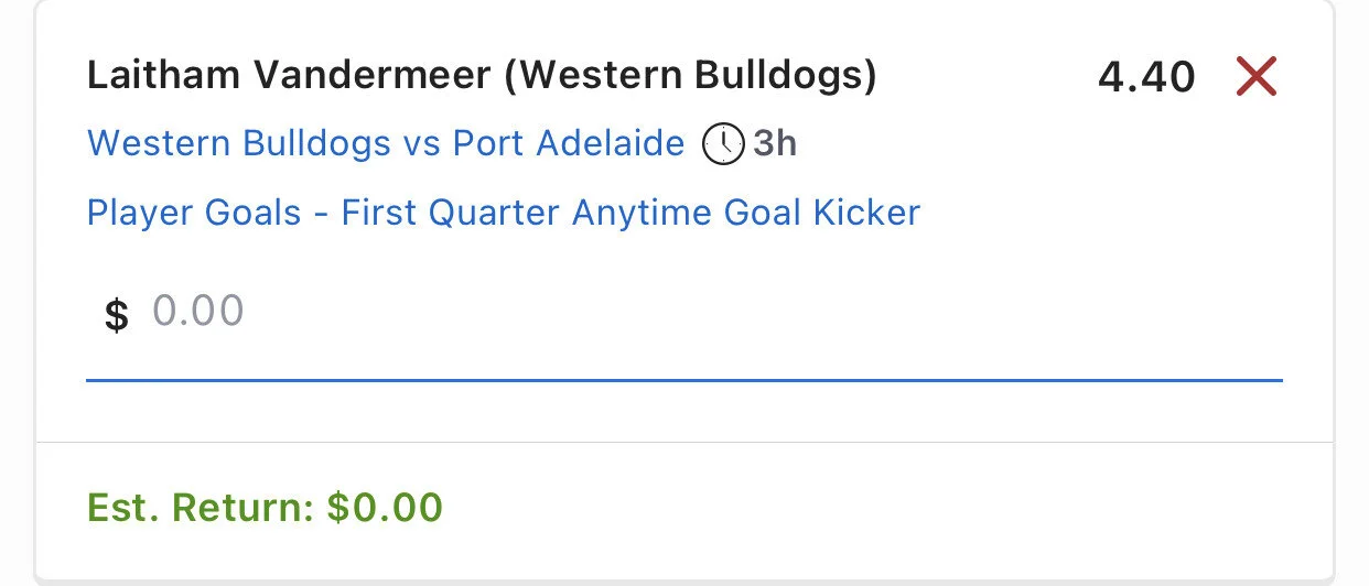 Vandermeer - 1st Qtr Anytime Goal Kicker - Stake 1 Unit - Minimum Odds 4 - Best Book Lads/Neds