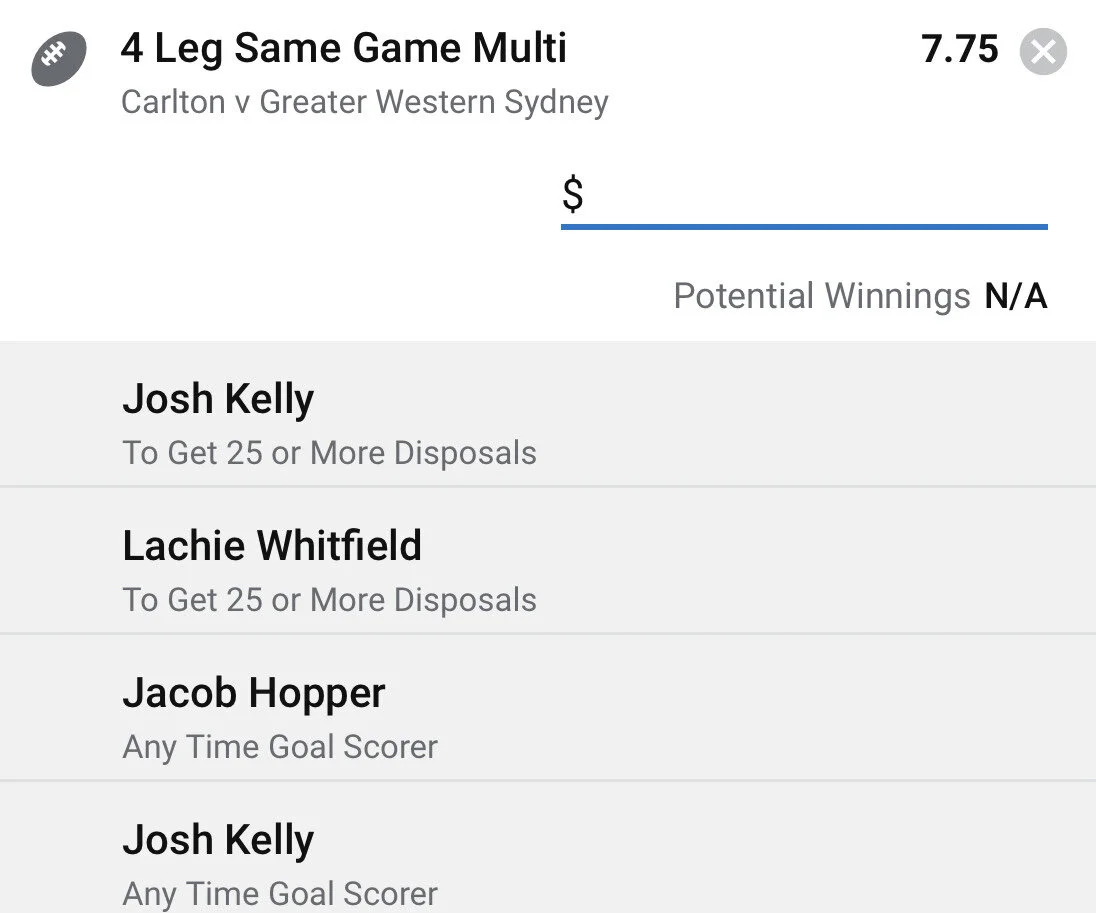 GWS SGM - Stake 1.5 Units - Minimum Odds 6.9 - Best Book Sportsbet