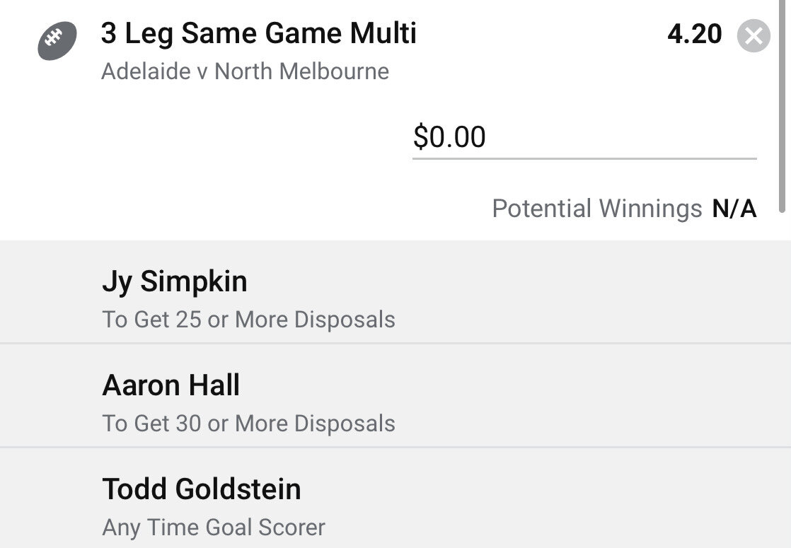 North SGM - Stake 2 Units - Minimum Odds 3.6 - Best Book Sportsbet