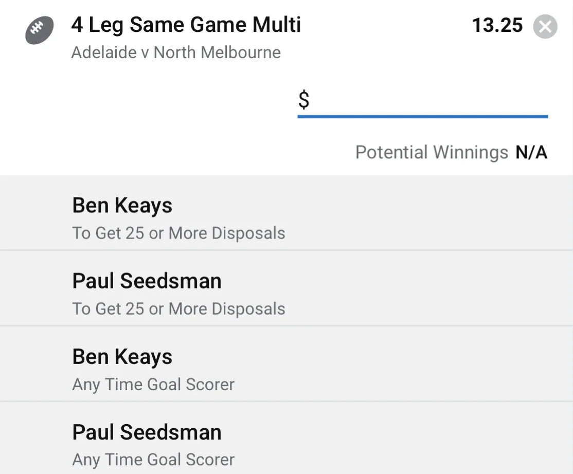 Crows SGM - Stake 1 Unit - Minimum Odds 10 - Best Book Sportsbet