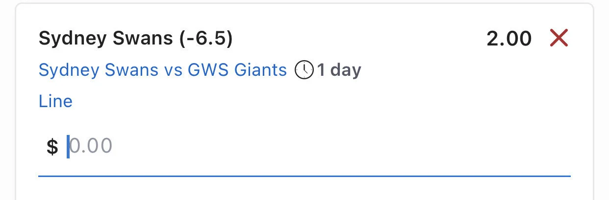 Swans $2 Line - Stake 3 Units - Line up to -7.5 - Best Book Lads/Neds