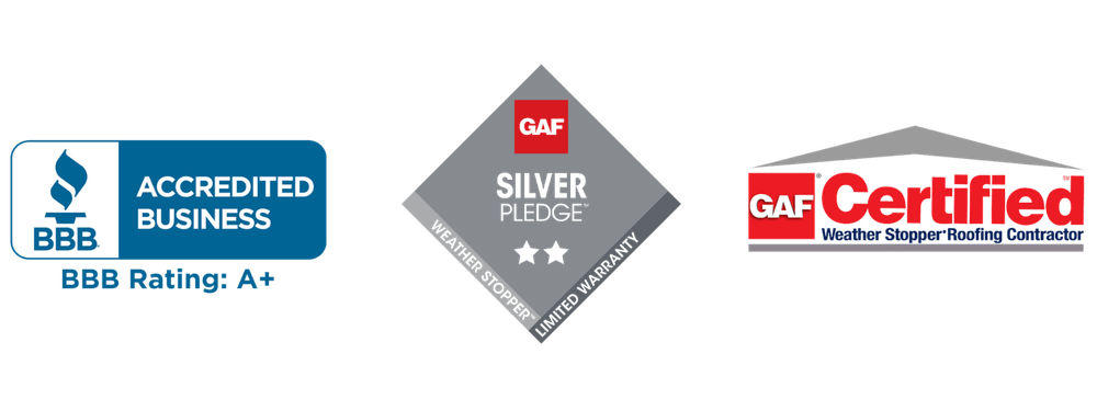 Badges for BBB Accredited Business A+ Rating GAF Silver Pledge and GAF Certified Weather Stopper Roofing Contractor Alabama Discount Roofing