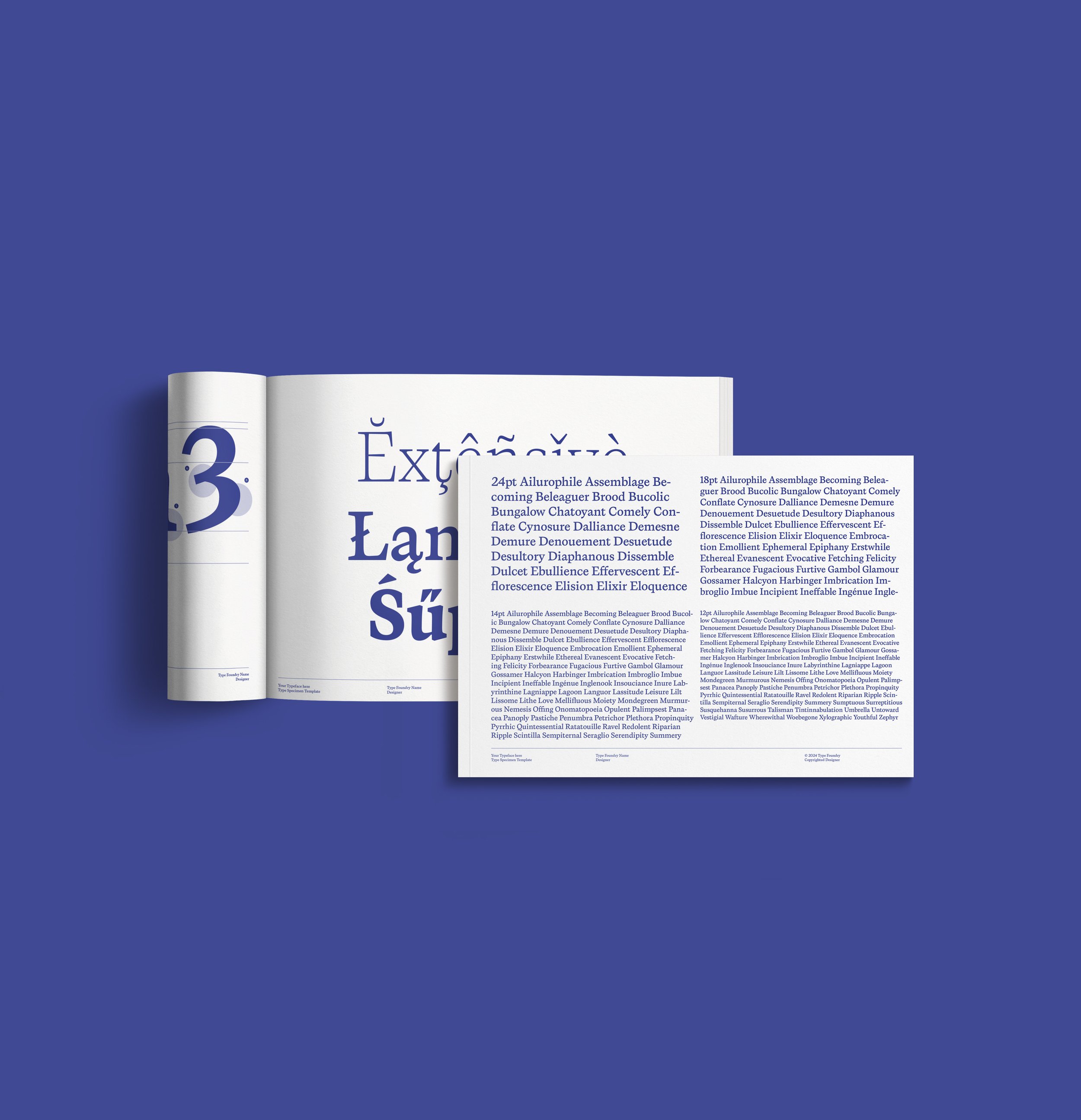 Open magazine pages with text on a blue background.