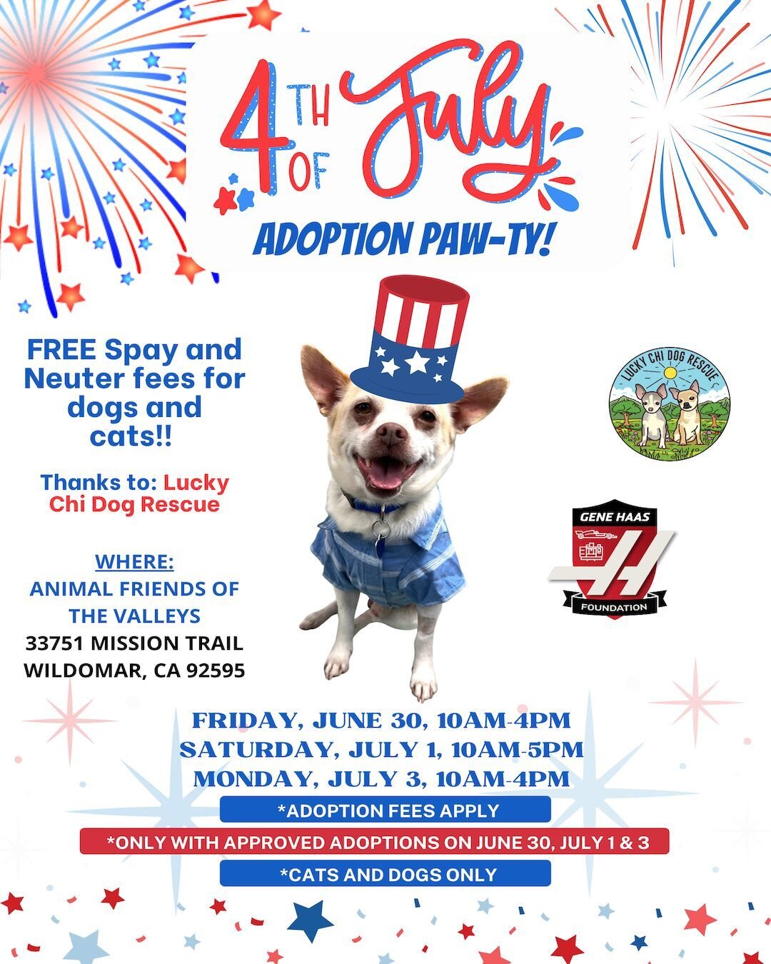 Come join the PAW-TY! Lucky Chi Dog Rescue is sponsoring FREE Spay and Neuter for cats and dogs adopted from Animal Friends of the Valleys. 
*Adoption Fees Still Apply