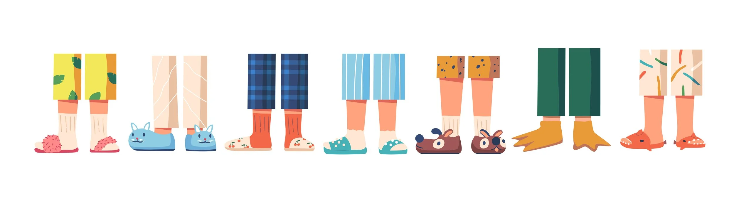 row of illustrated legs in colorful pajamas and silly slippers