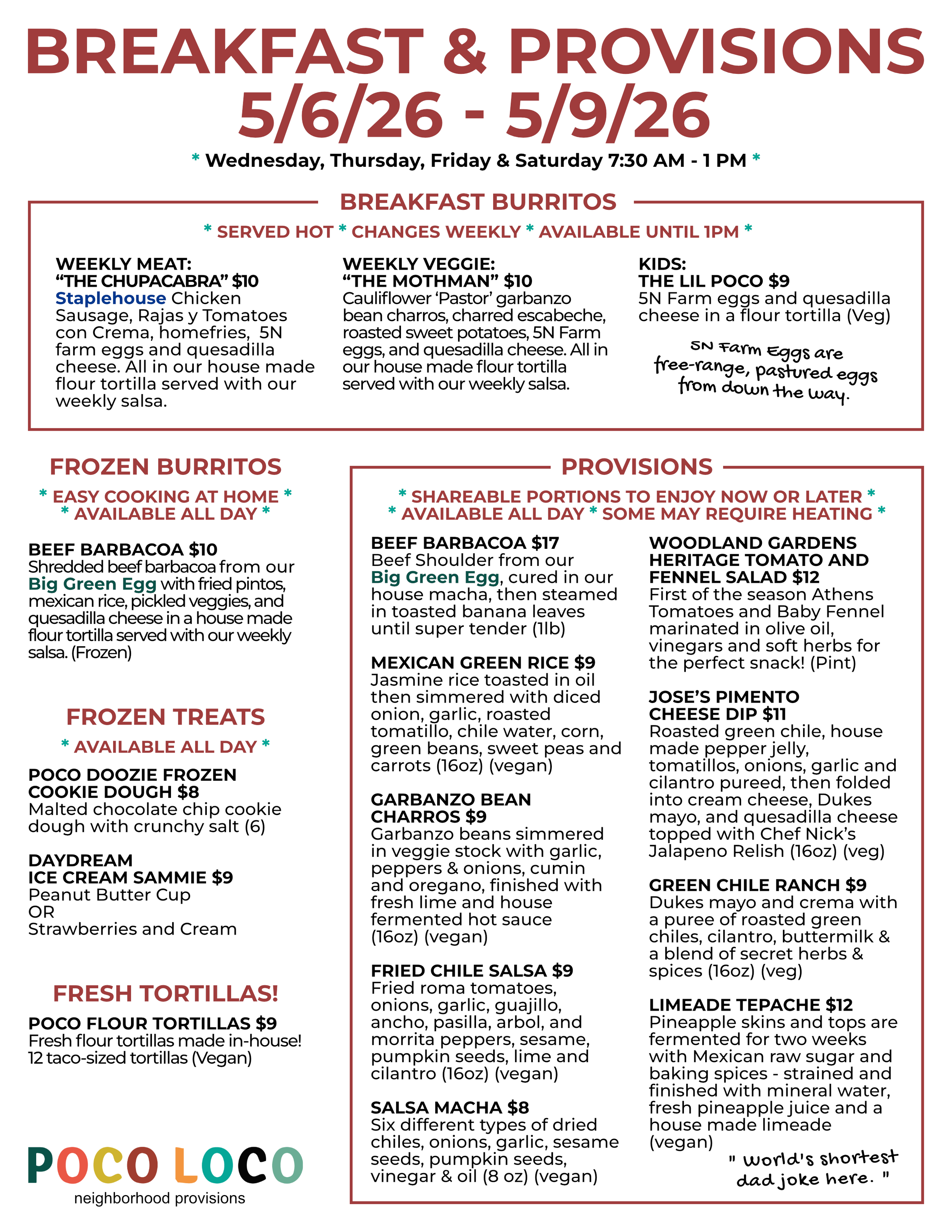 A food menu featuring breakfast and provisions from POCOLOCO, including breakfast burritos, frozen burritos, frozen treats, and other provisions, with dates of service from May 6 to May 9, 2026.