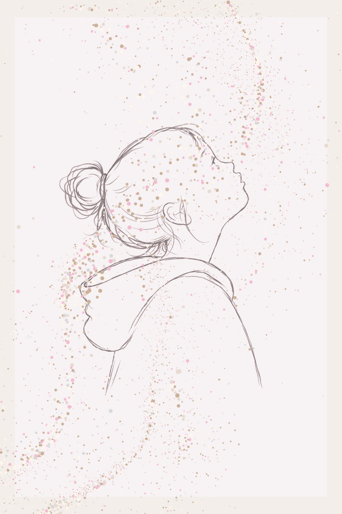 Placeholder image for 'Stolen Child' a new poetry chapbook by Jo Matthews. Line drawing of a girl with hair in a bun, wearing a hoodie, looking upward with a peaceful expression, surrounded by light pink and beige dots.