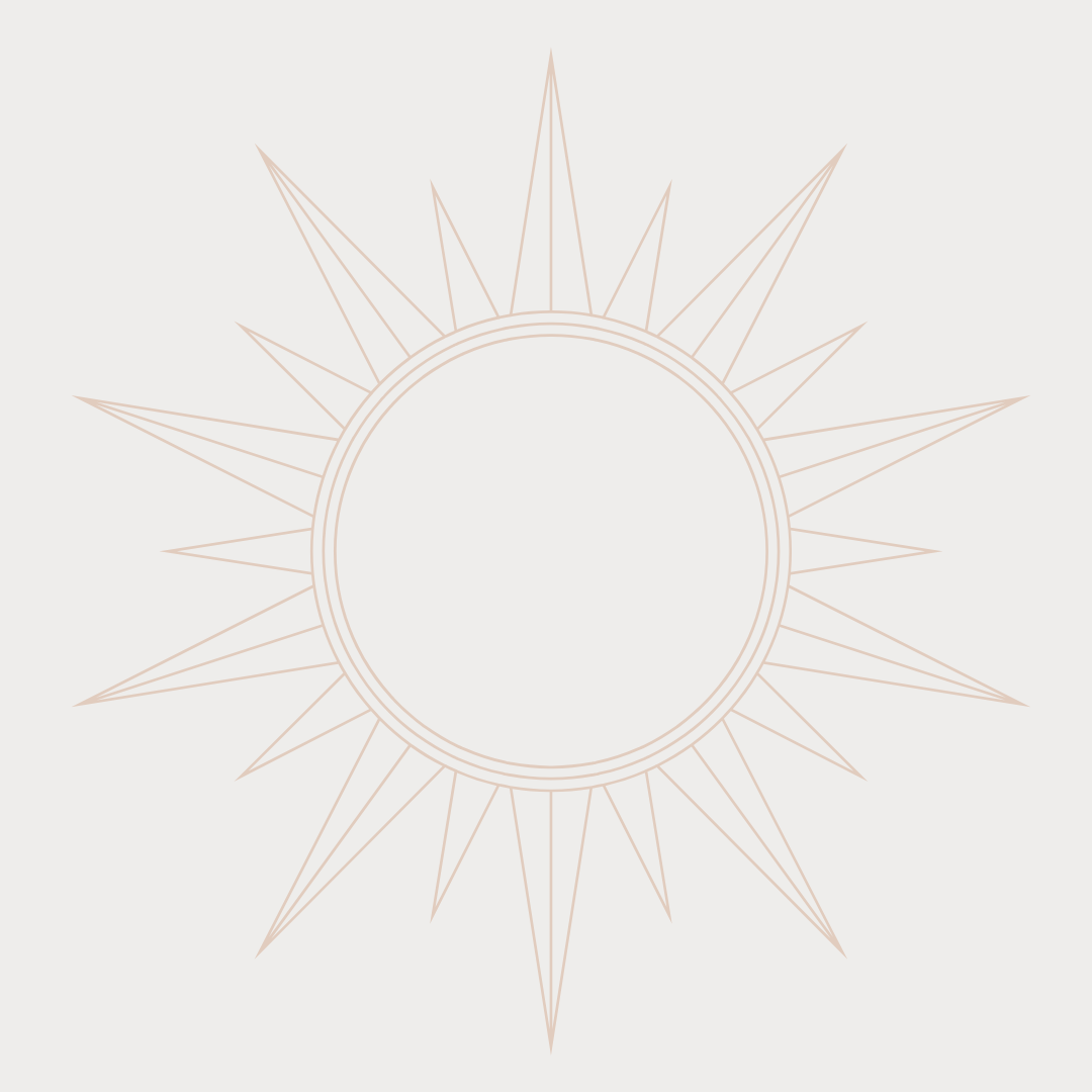 A light-colored, stylized sun design with a circular center and radiating triangular rays on a light gray background.