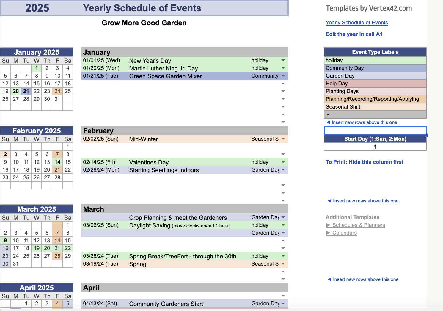 Yearly schedule of events for 2025 titled "Grow More Good Garden," including holidays and gardening activities for January through April, with a template feature by Vertex42.