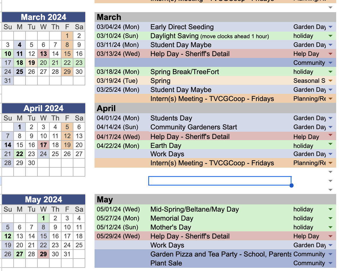 Calendar displaying events and holidays for March, April, and May 2024, including daylight saving, school events, and garden days.
