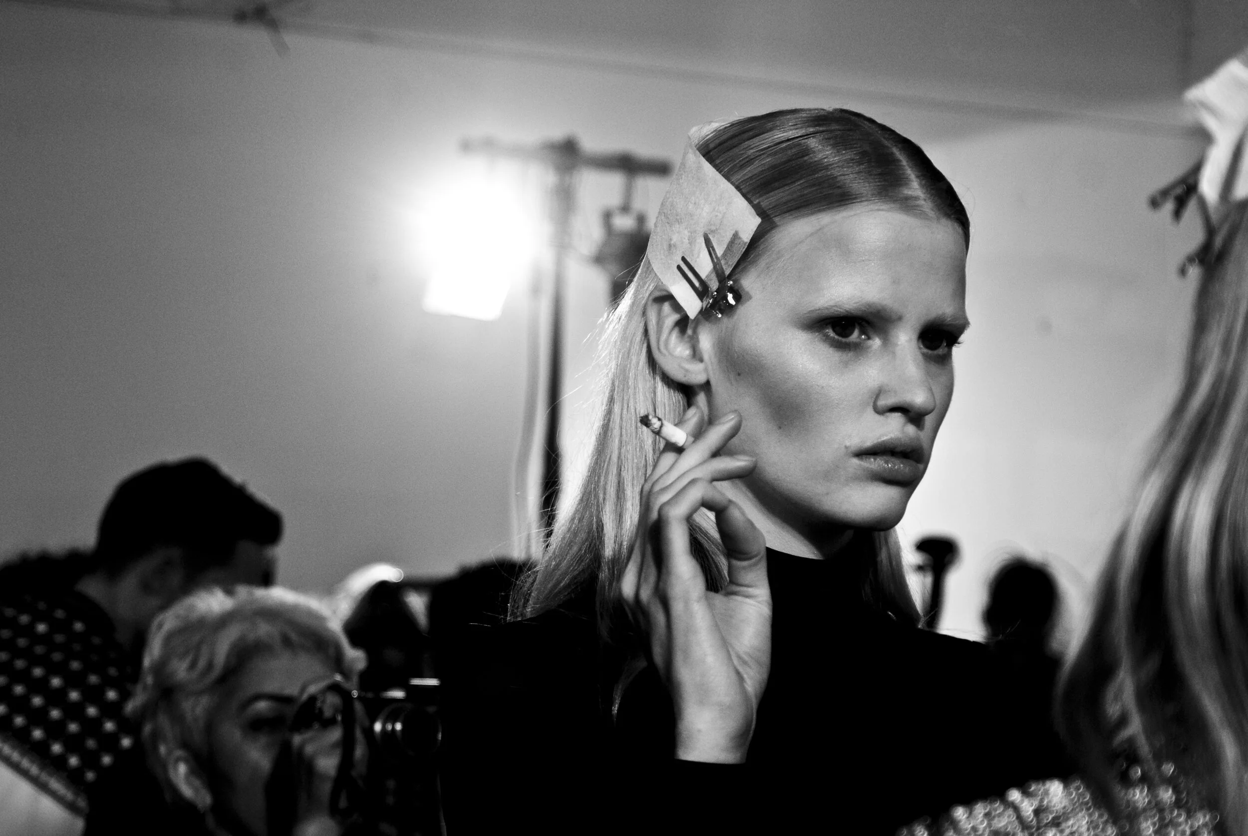 Lara Stone backstage at London Fashion week