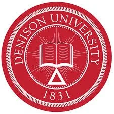 Denson University logo featuring an open book and the year 1831 on a red circular background.