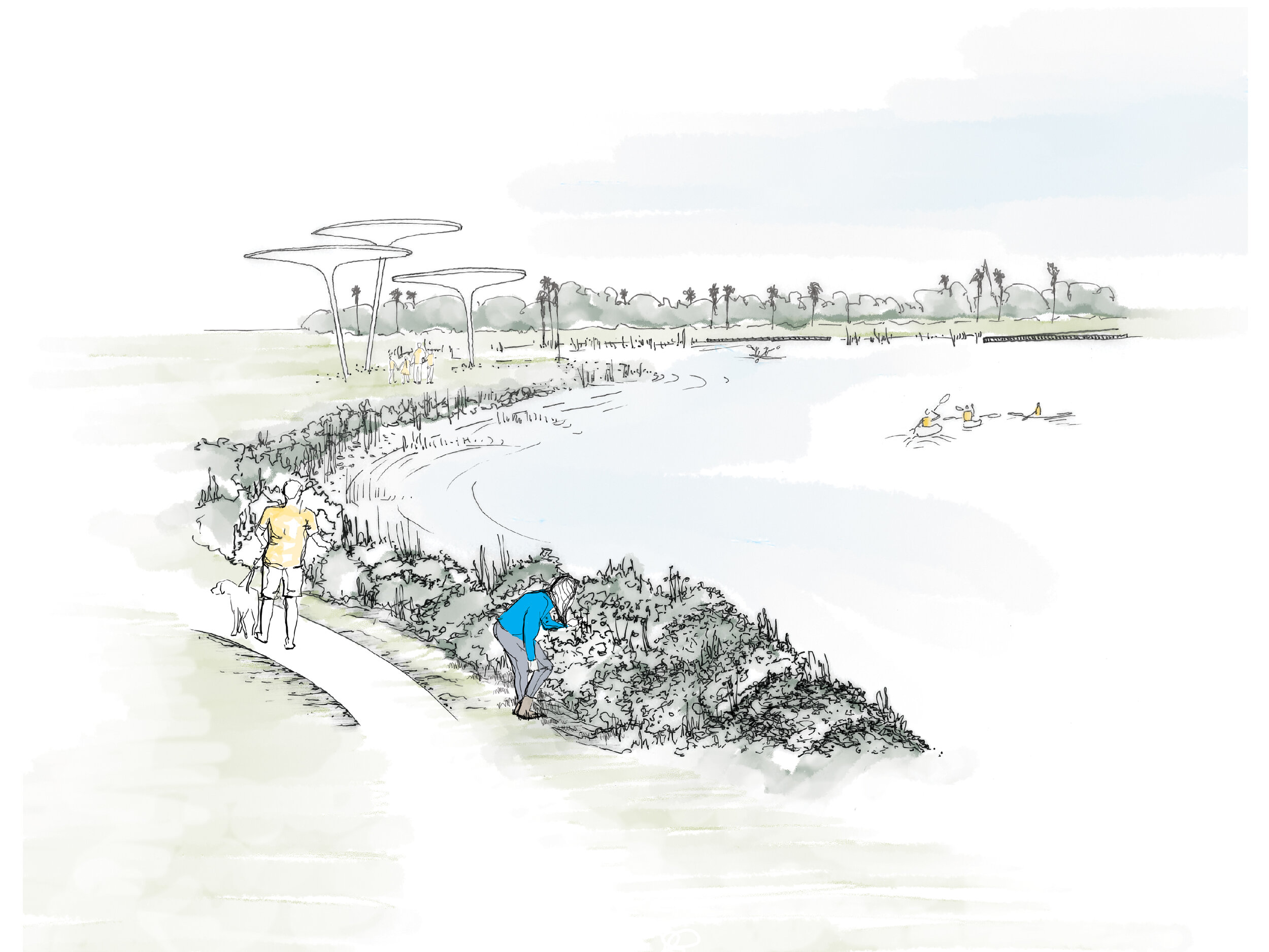 walking loop, shade structure, and kayaking