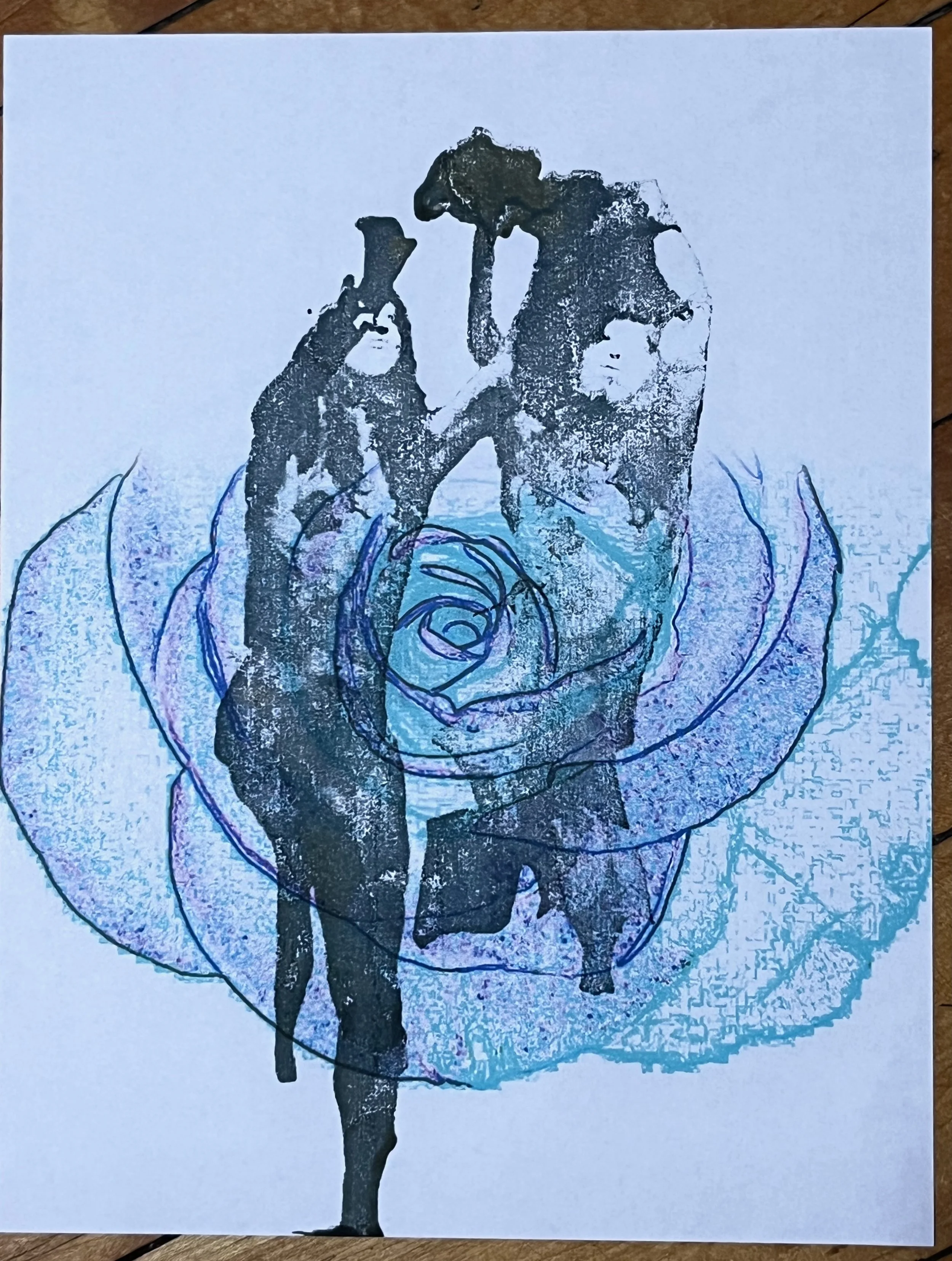 A watercolor painting of a tree with a large circular swirl pattern behind it, using shades of blue and purple.