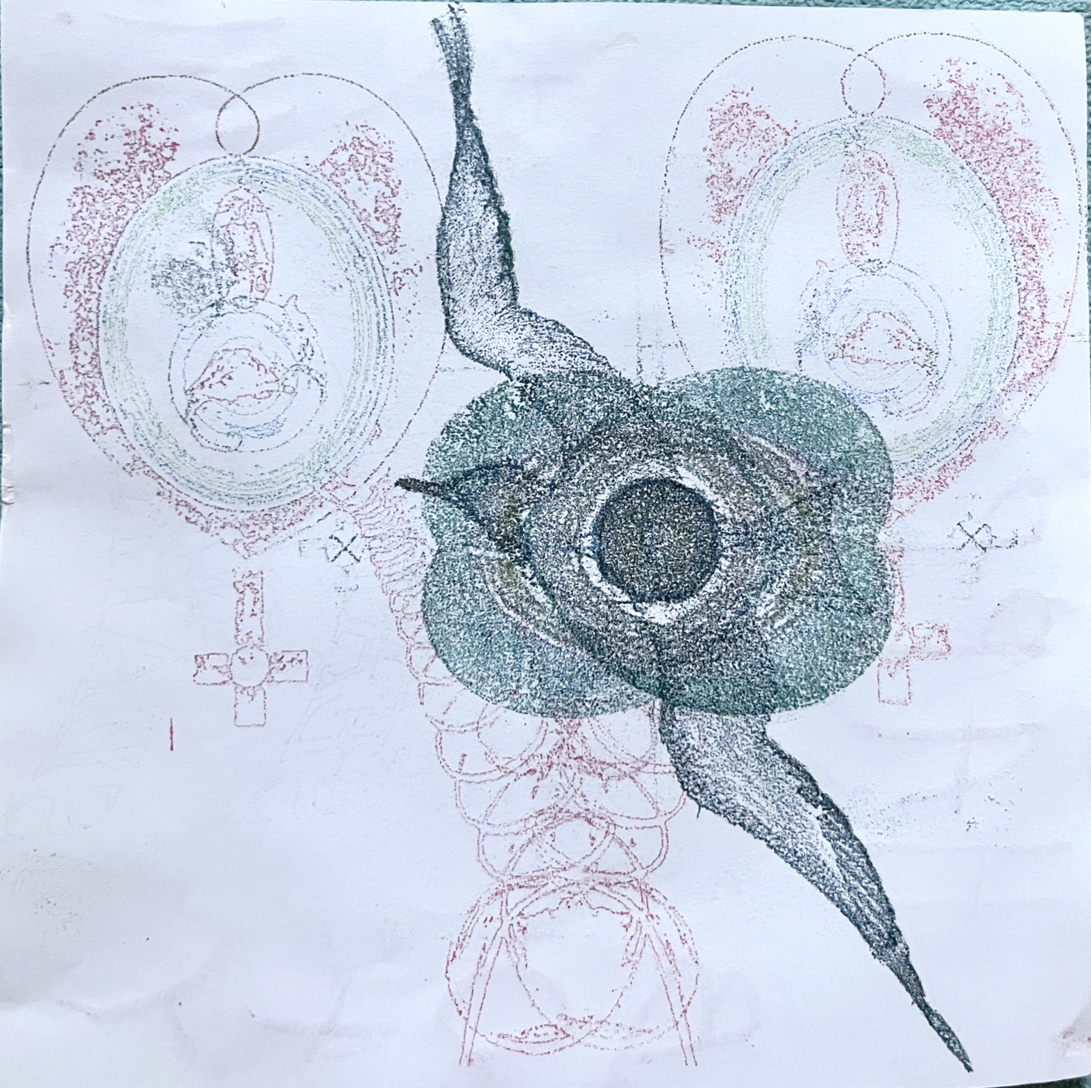A pointillist style drawing of a ladybug with six red-spotted wings, a greenish body, and a long, black tail. The background features overlapping, faintly drawn concentric circles and floral elements.