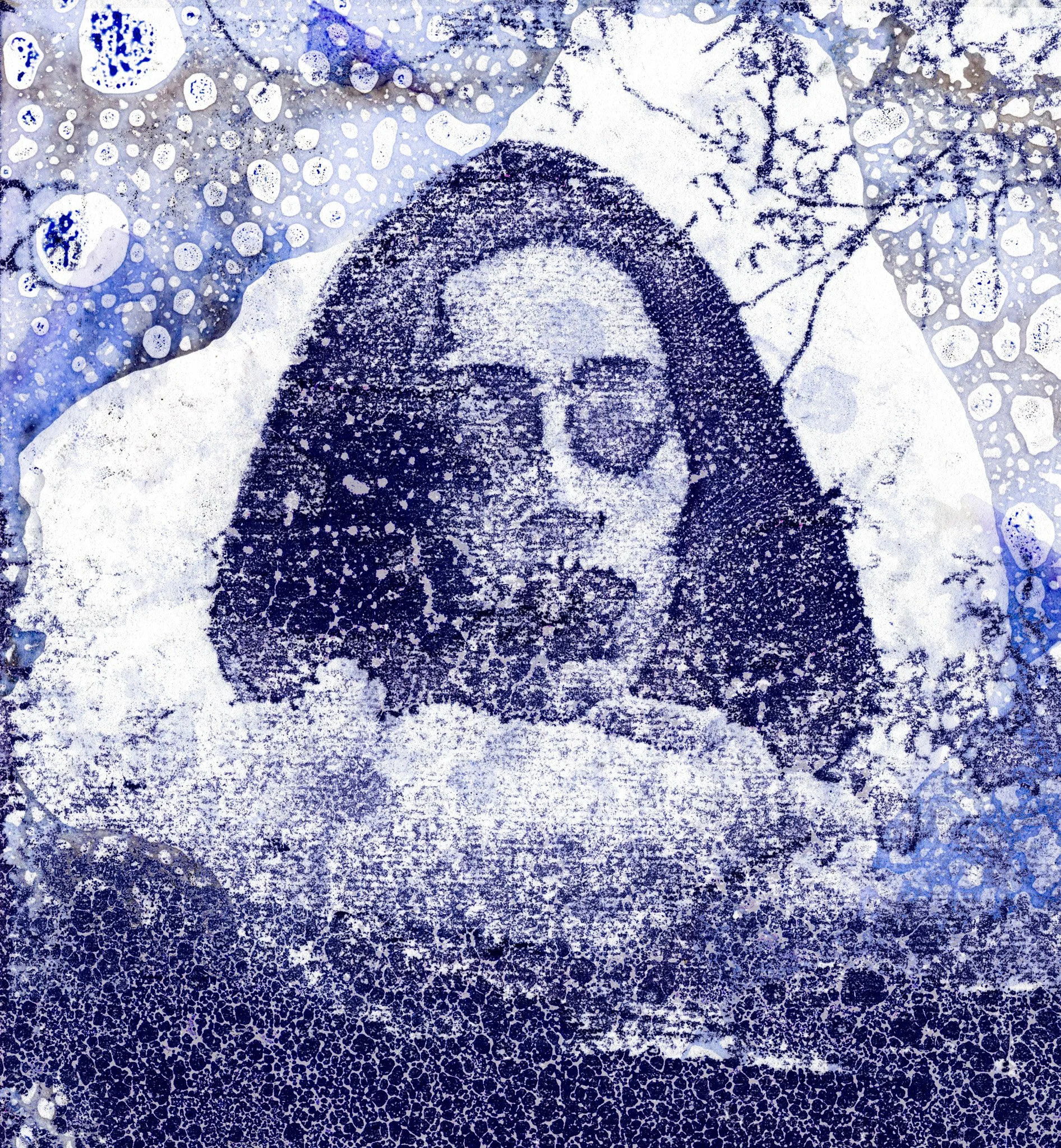 Abstract blue and white artistic image with a faint portrait of a person, possibly a woman, in the center, surrounded by a textured pattern and rounded shapes.