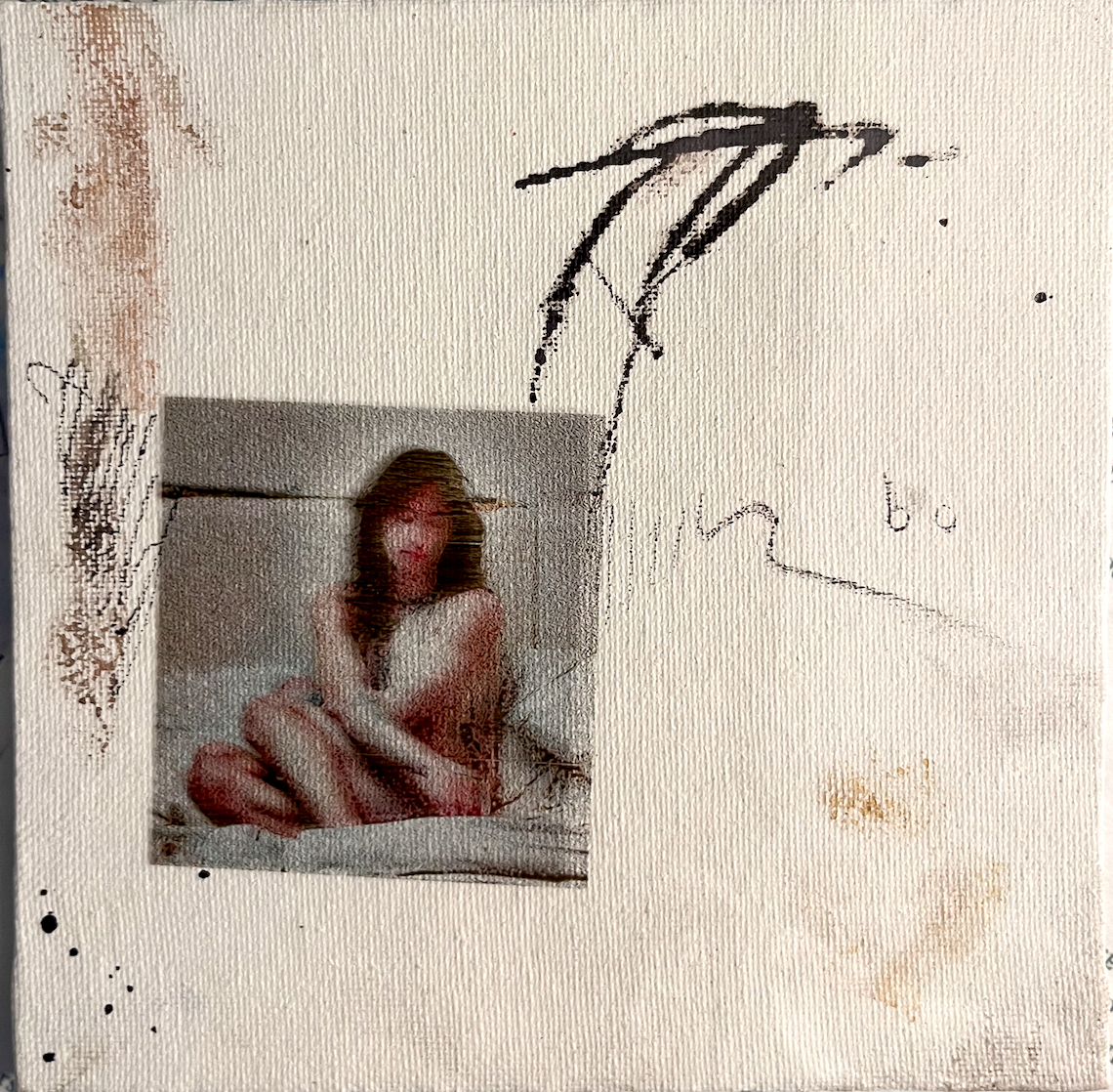 Mixed media image featuring a small, blurry photo of a young woman sitting with her knees up and covering her face, attached to a canvas with abstract black line drawings and faint markings.