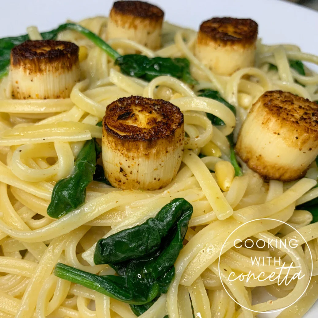 Hearts of Palm Scallops with Spinach Pasta