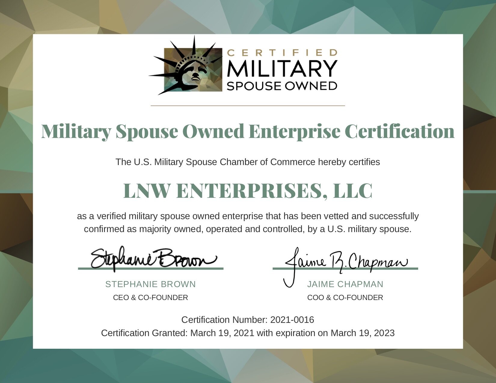 Military Spouse Owned Enterprise Certificate