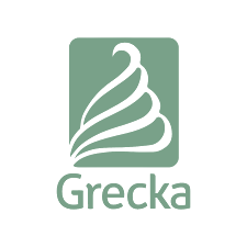 Logotipo con una espiral en forma de helado o cono y la palabra 'Grecka' debajo.