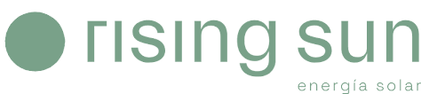 Logotipo con un círculo verde y las palabras 'rising sun' en letras gris oscuro, y 'energía solar' debajo en letras más pequeñas.