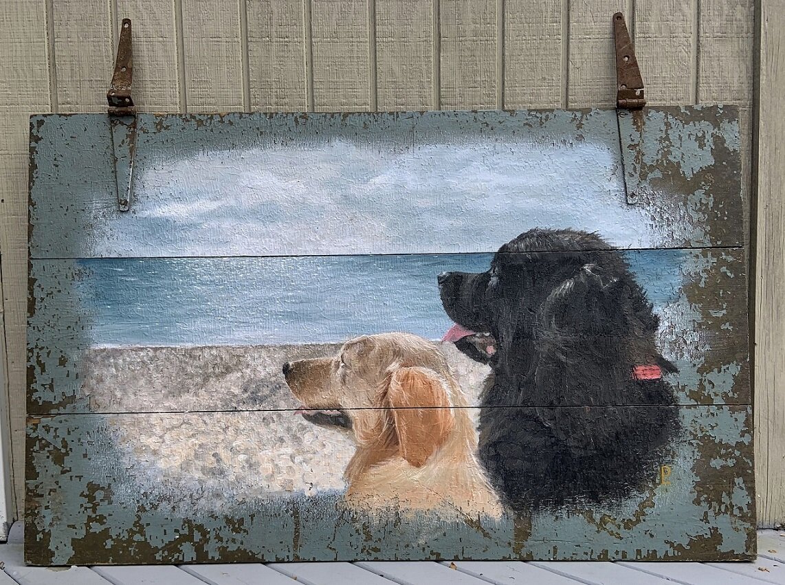 "Amanda & Grizzly" - Oil on reclaimed wood - 32 x 48