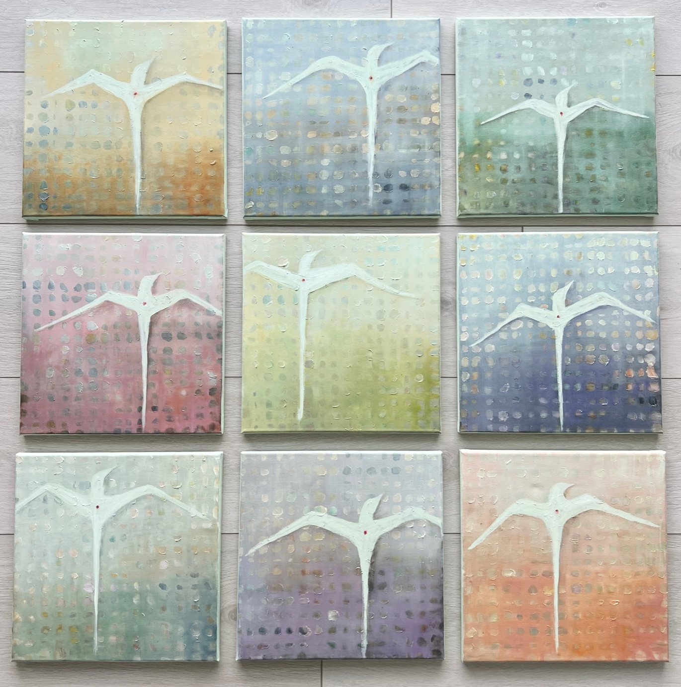 "9 Birds" - Oil on Canvas - 12 panels - 12 x 12 each - Total size 36 x 36