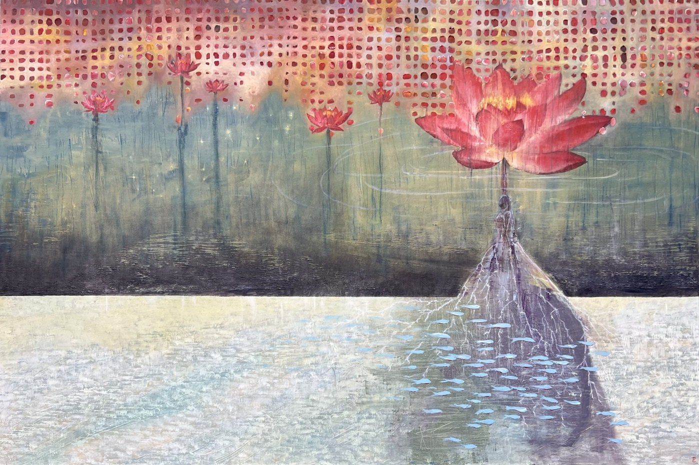 "Red Lotus" - Oil/Cold Wax on Canvas - 48 x 72