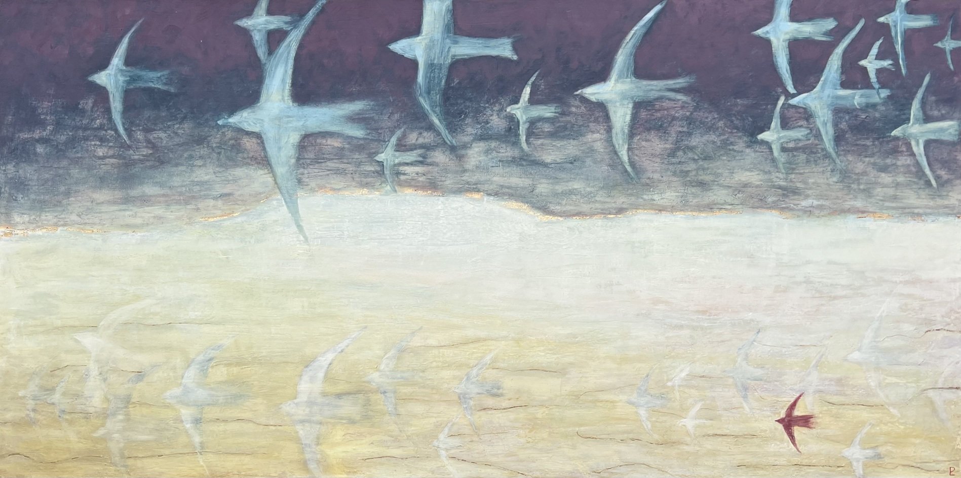 "River of Birds" - Oil/Cold Wax/Metal Leaf on Canvas - 36 x 72