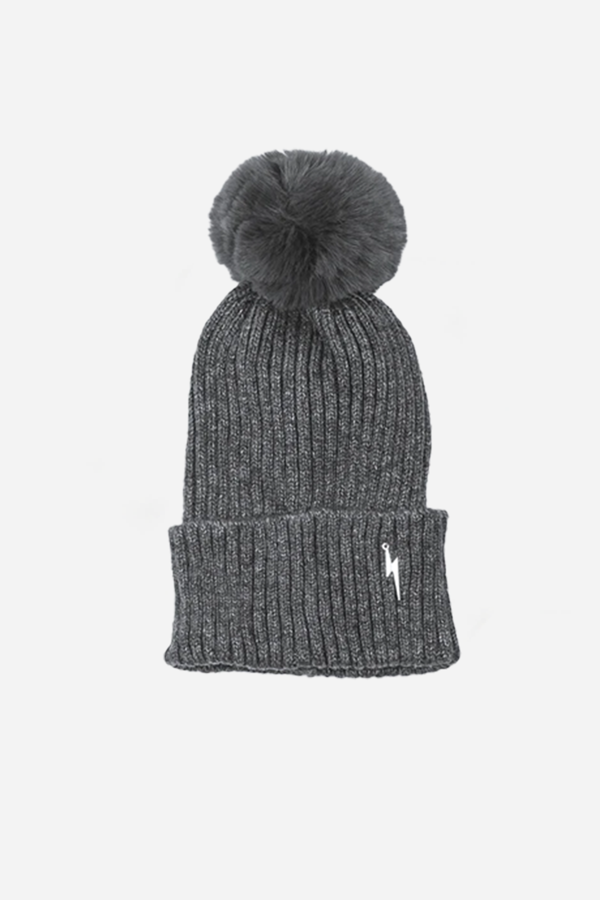 Pom Pom Hat with Lightening Bolt Detail - Grey
