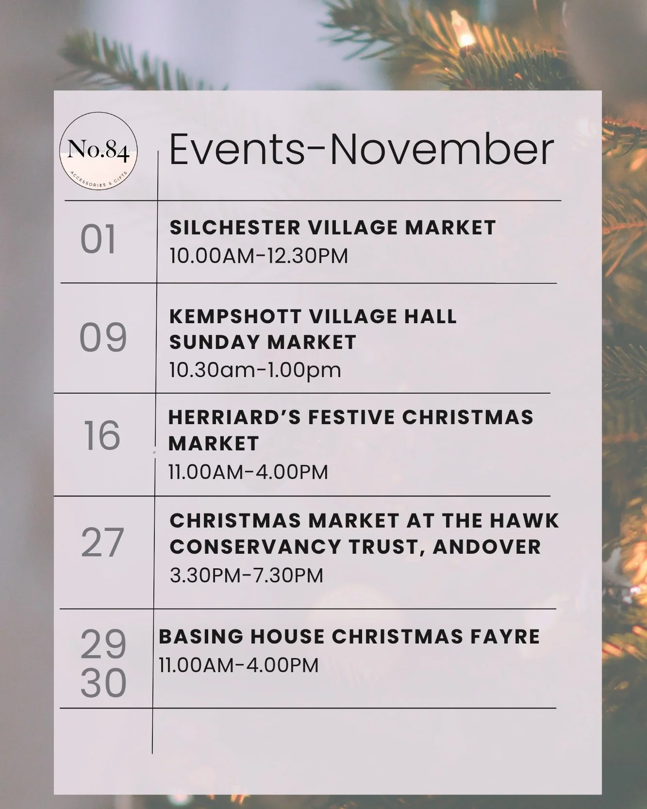 Hi everyone,

This is where you can find us in November 🎄🎄🎄

Make sure you pop along to one of these events and check out our fabulous selection of accessories 🌟 

Find those perfect gifts for Christmas
🎄🎄🎄