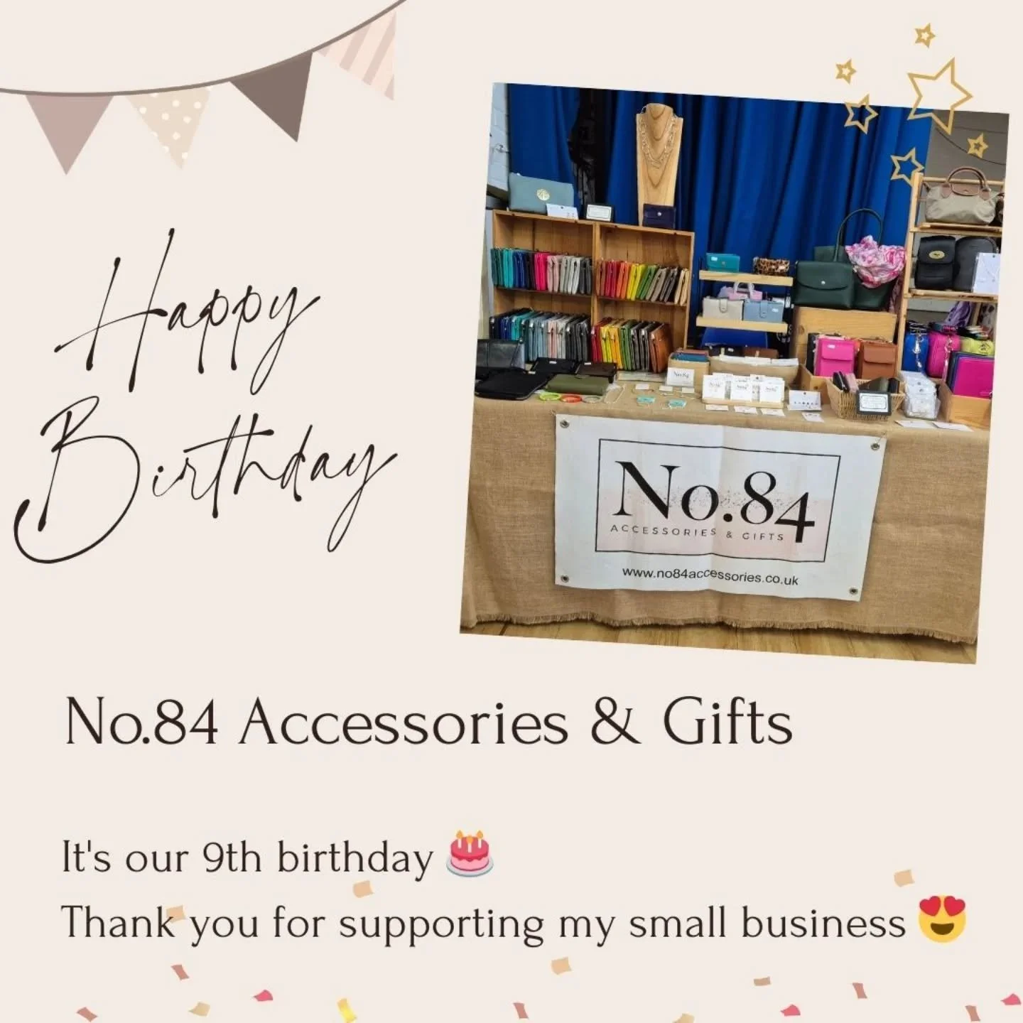 It's our 9th Birthday 🎉🎉🎉

To celebrate you can get 10% off any online order for the next 24 hours 🥳 (discount automatically applied, no code required)

www.no84accessories.co.uk 

Thank you so much to you all for your support ❤️ 

Andrea xx