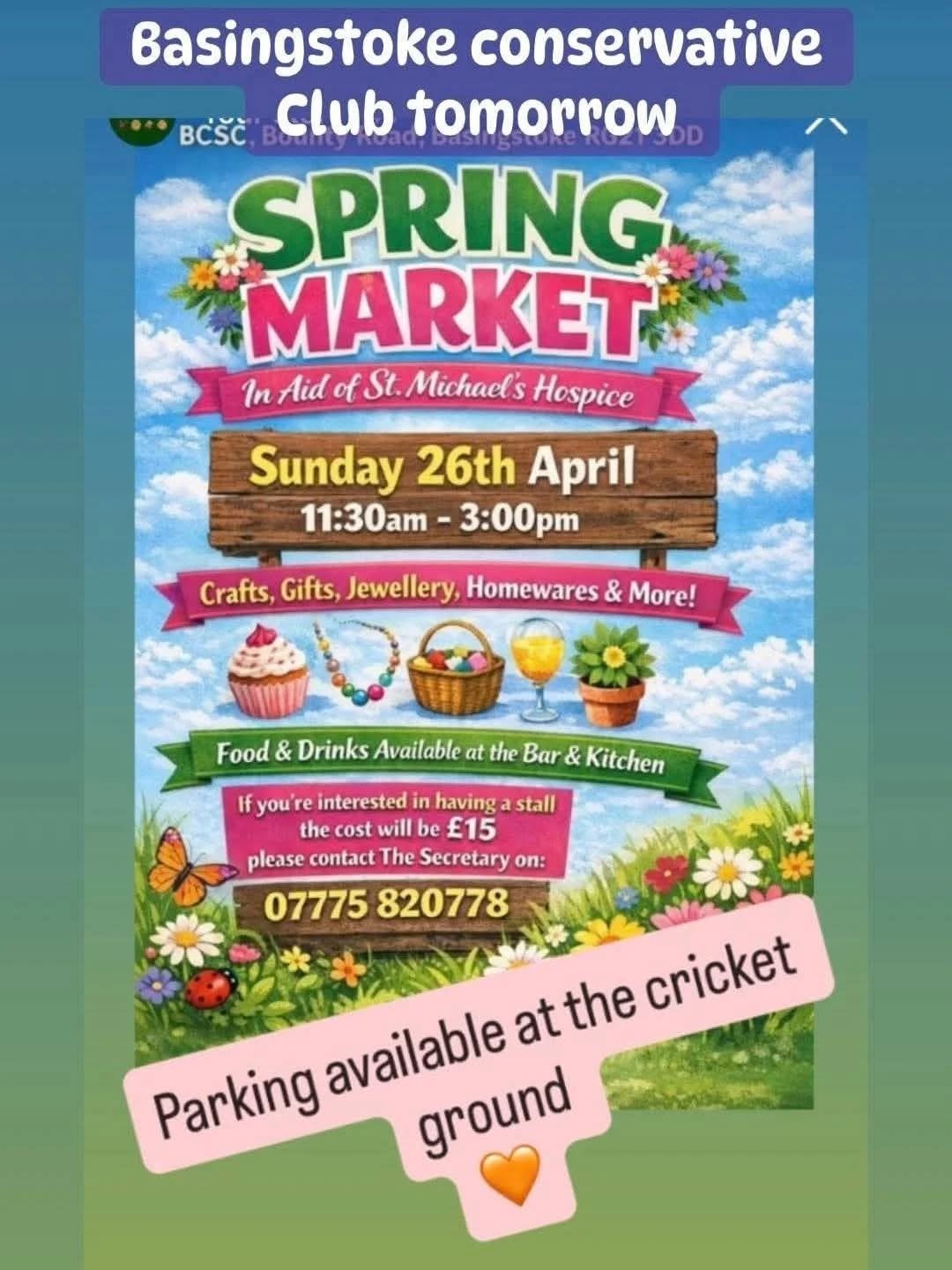 Pop along and support local - lots of lovely stalls 😍

At Basingstoke Conservative Club, Bounty Road, RG21 3DD.

In aid of St Michael's Hospice, Basingstoke ❤️

Please park at the cricket ground or close by as  very limited parking onsite.

Thanks x